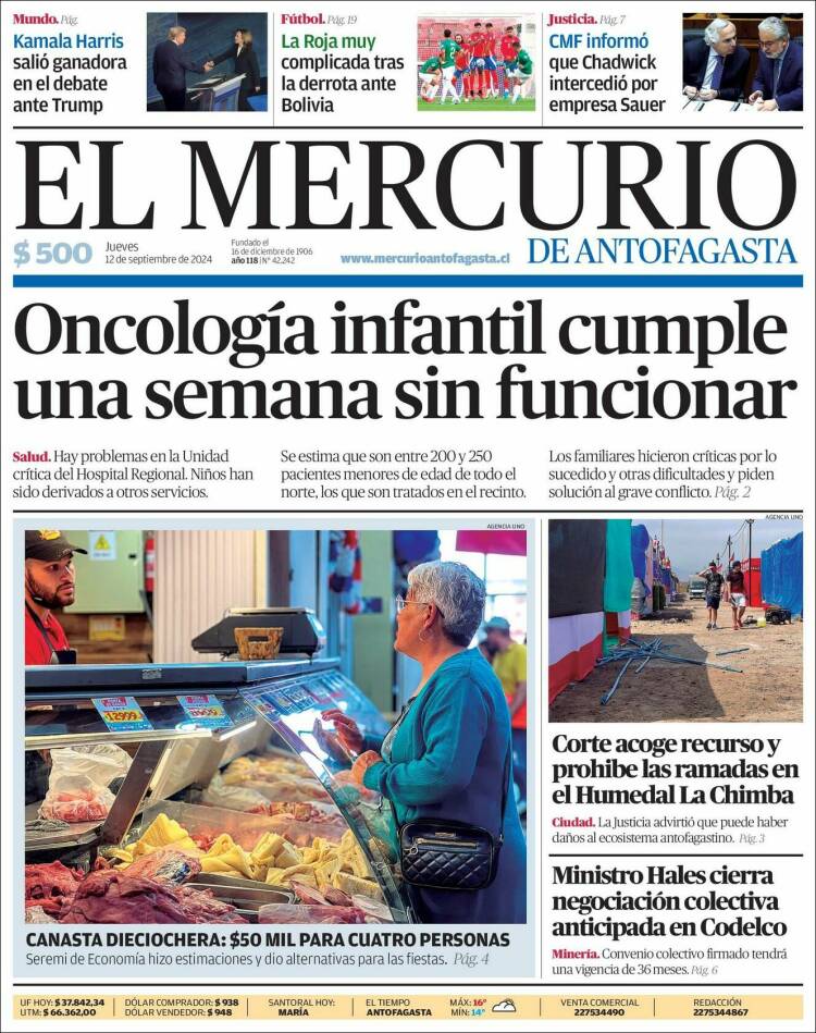 Portada de El Mercurio de Antofagasta (Chile)