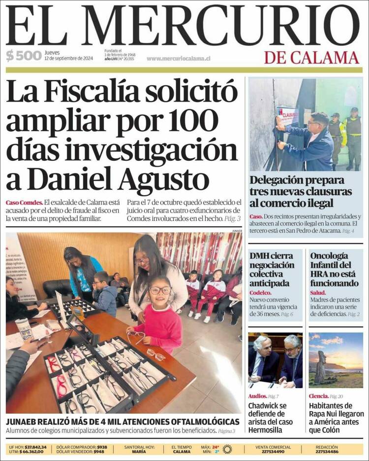 Portada de El Mercurio - Calama (Chile)