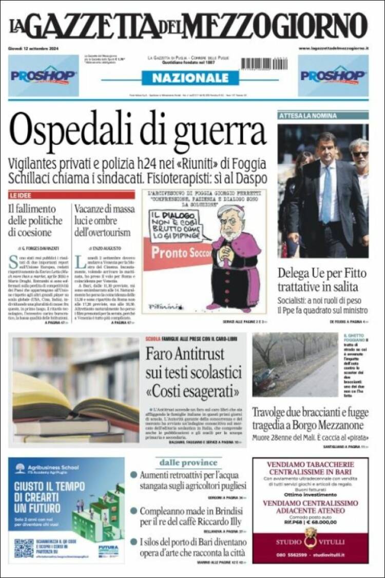 Portada de La Gazzetta del Mezzogiorno (Italia)