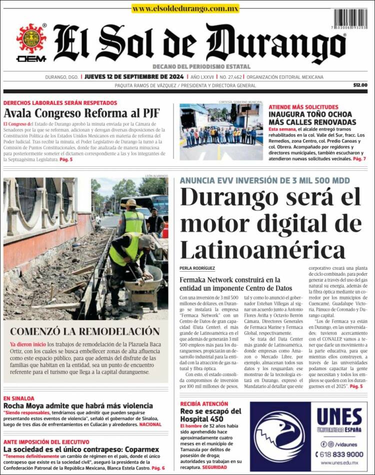 Portada de El Sol de Durango (M&eacute;xico)