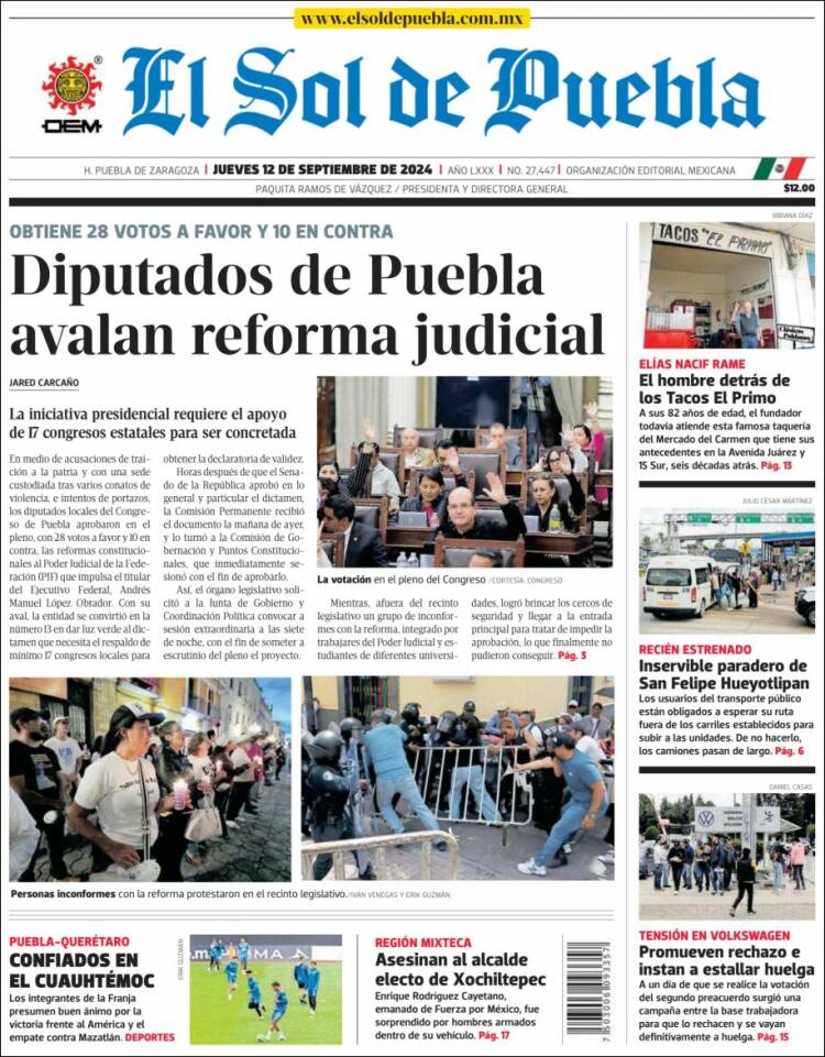 Portada de El Sol de Puebla (M&eacute;xico)