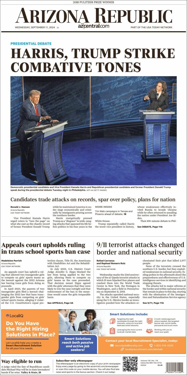 Portada de Arizona Republic News (USA)