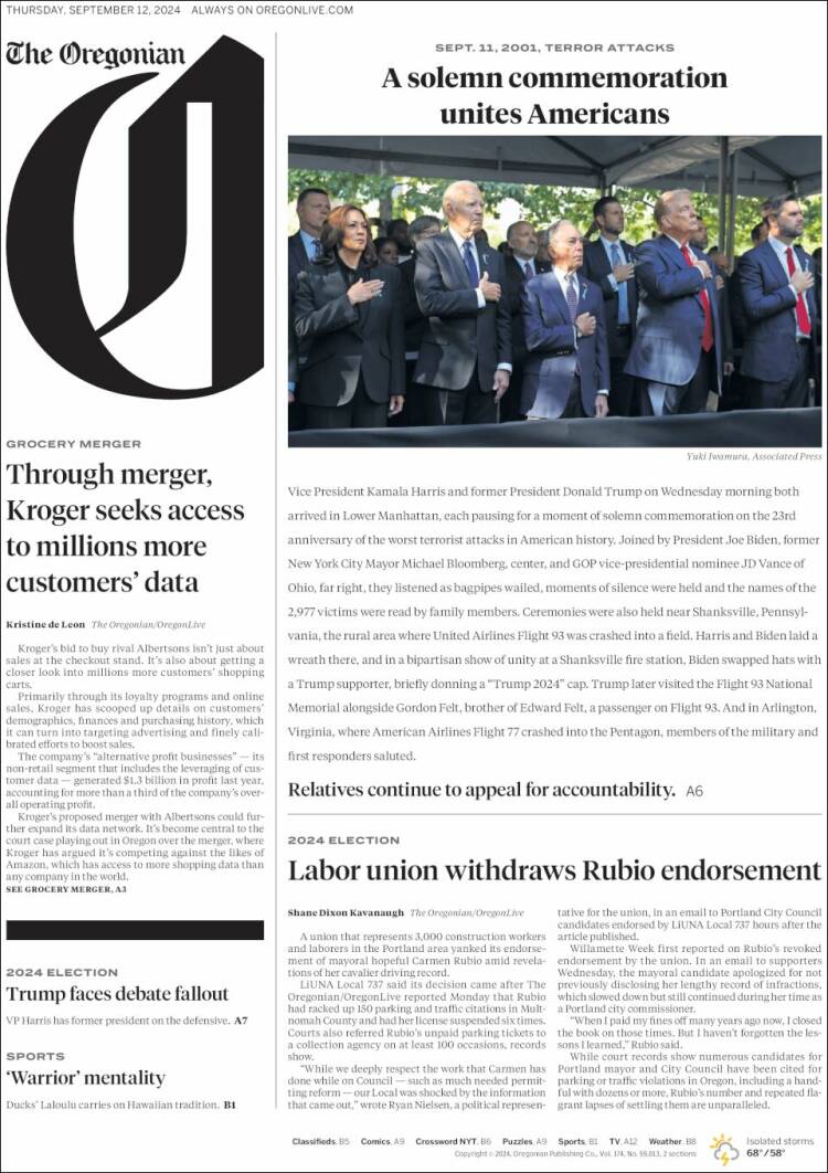 Portada de The Oregonian (USA)