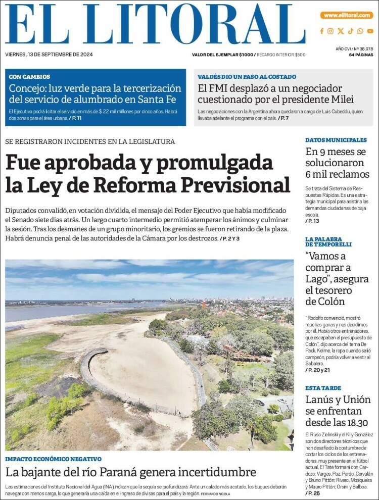 Portada de Diario El Litoral (Argentina)