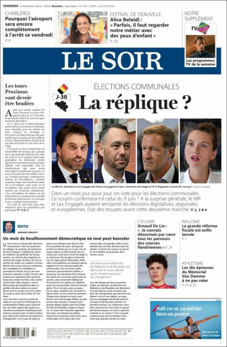 Portada de Le Soir (B&eacute;lgica)