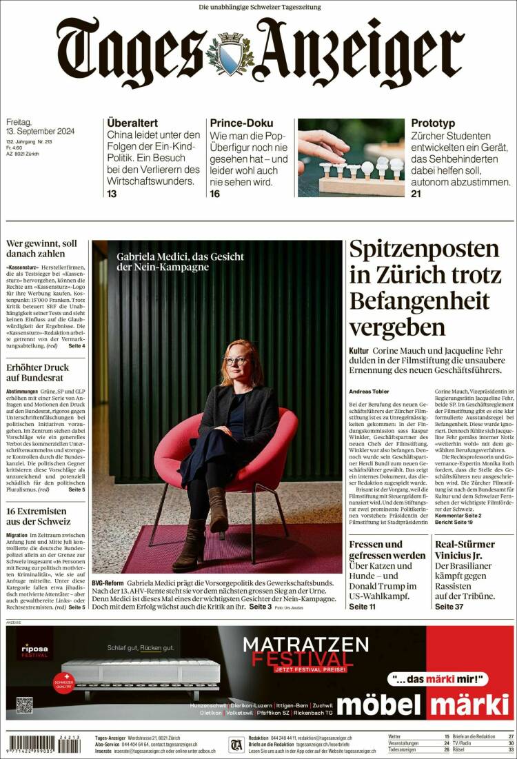Portada de Tages-Anzeiger (Suiza)