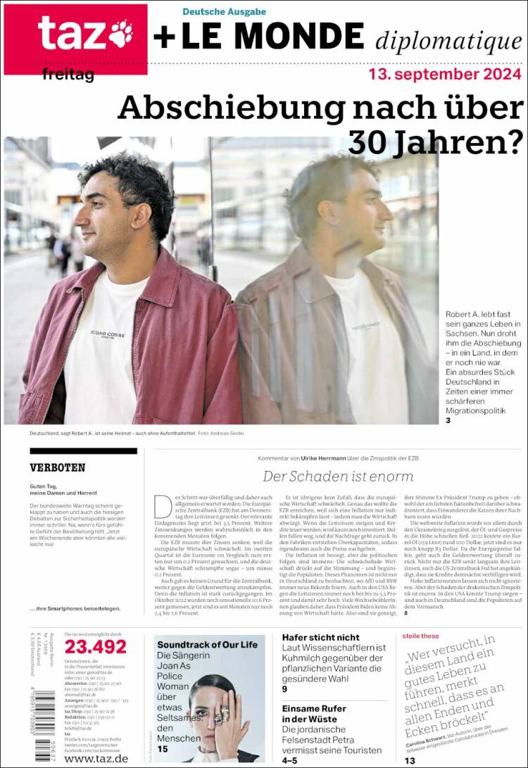Portada de Die Tageszeitung (Alemania)