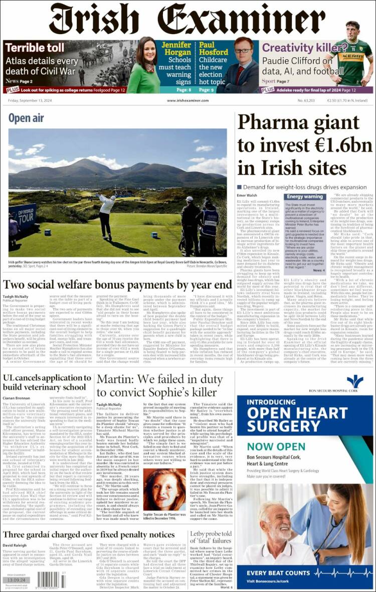 Portada de Irish Examiner (Irlanda)