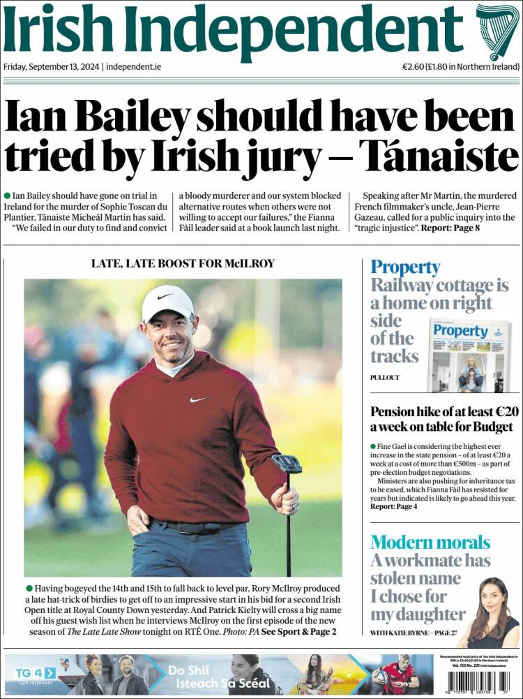 Portada de Irish Independent (Irlanda)