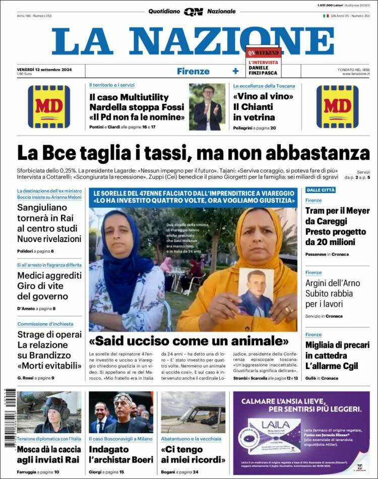 Portada de La Nazione (Italia)