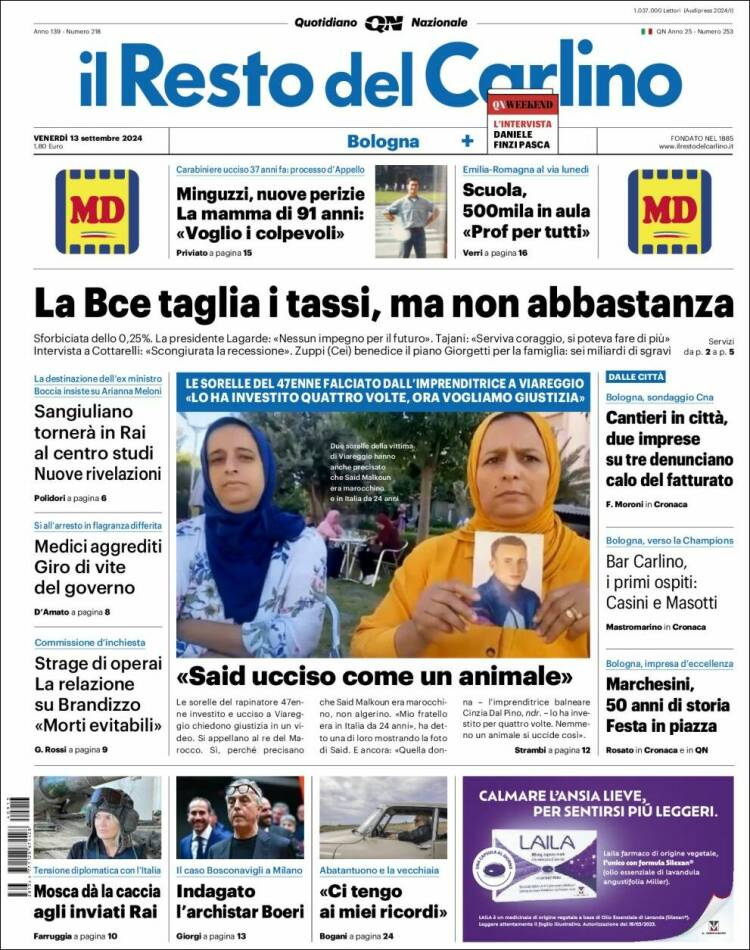 Portada de Il Resto del Carlino (Italia)