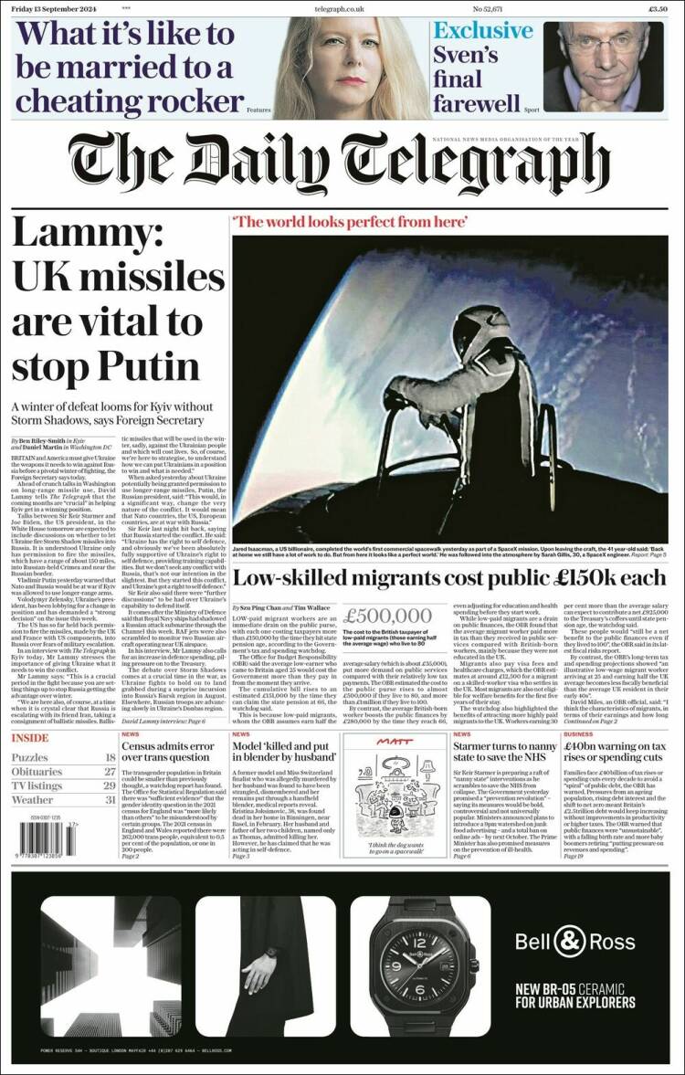 Portada de Daily Telegraph (Reino Unido)