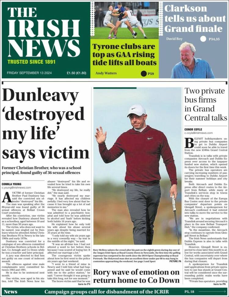 Portada de Irish News (Reino Unido)