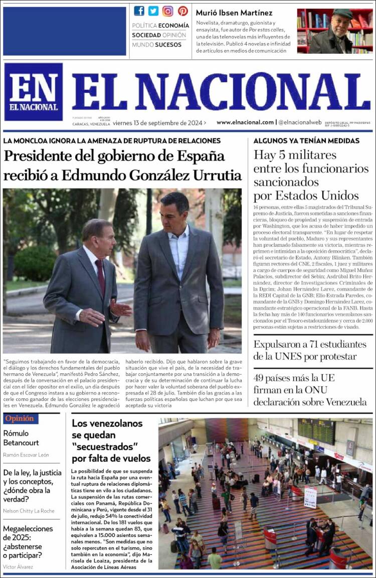 Portada de El Nacional (Venezuela)