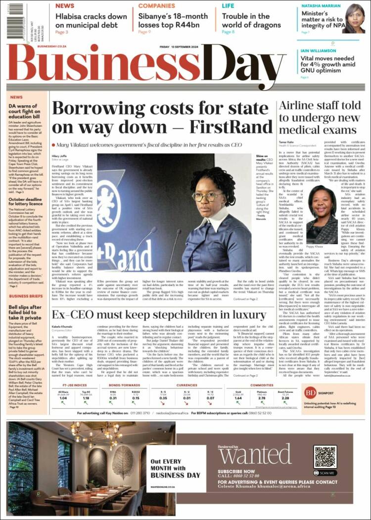 Portada de Business Day (Sud&aacute;frica)