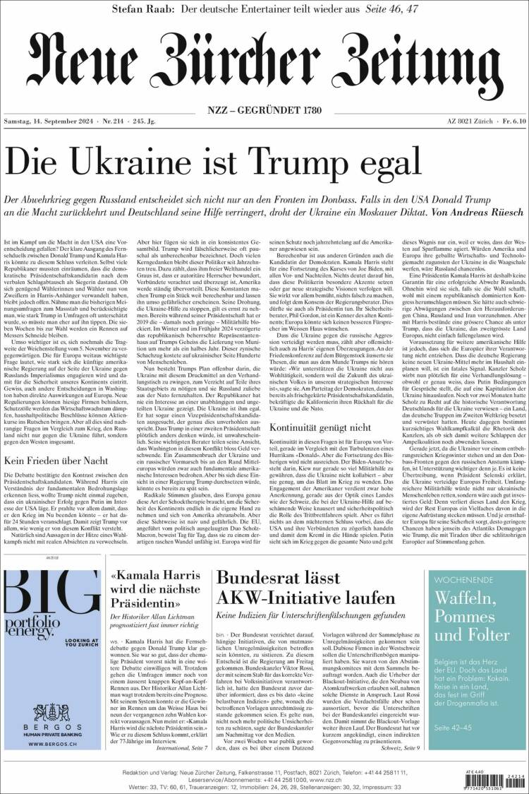 Portada de Neue Zürcher Zeitung (Suiza)