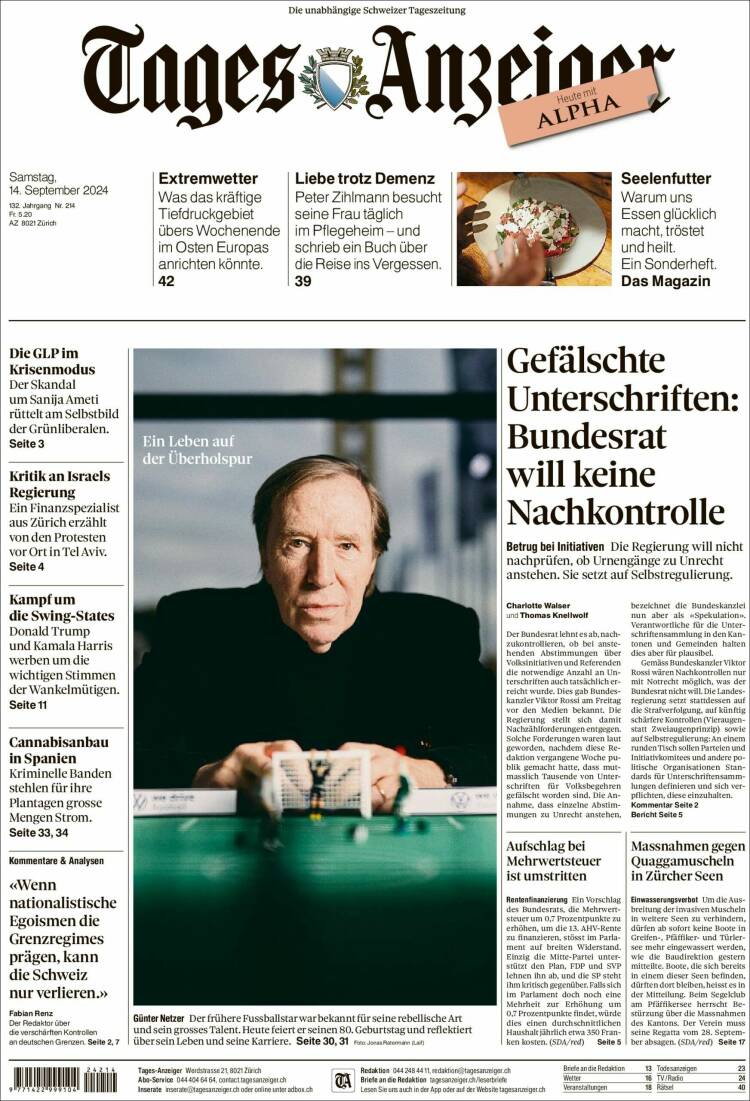 Portada de Tages-Anzeiger (Suiza)