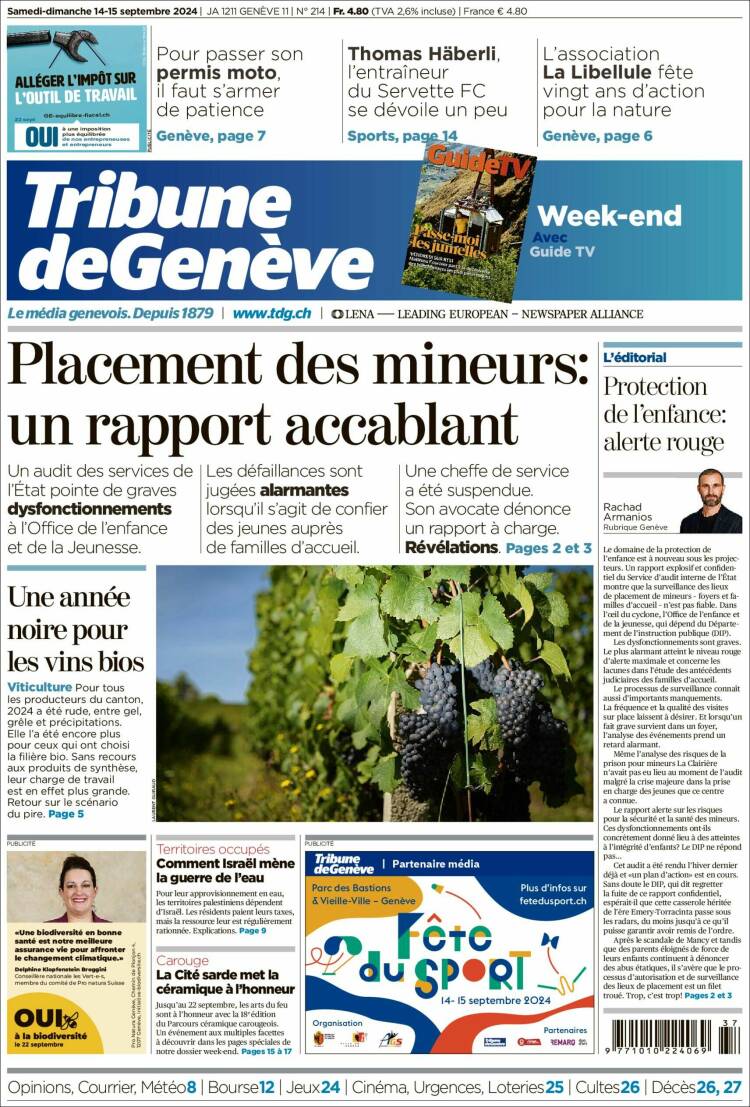 Portada de La Tribune de Genève (Suiza)