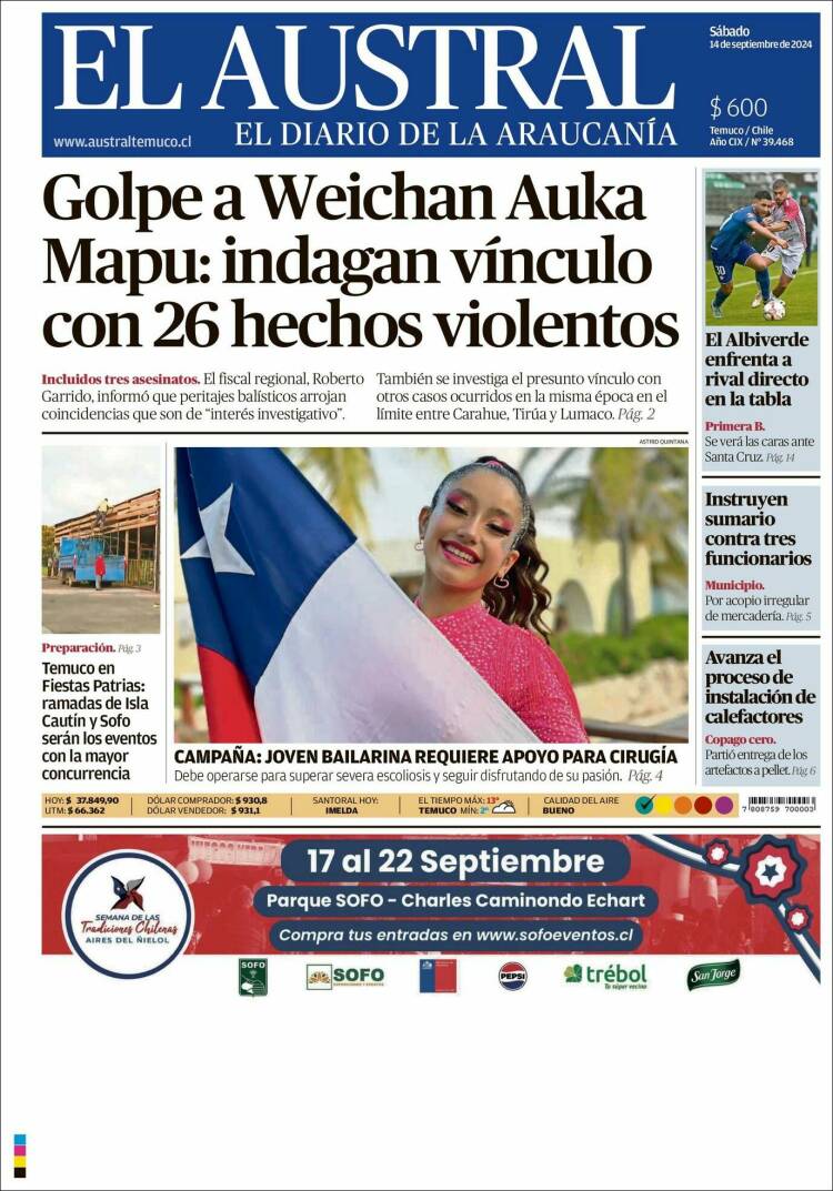 Portada de El Austral de Temuco (Chile)