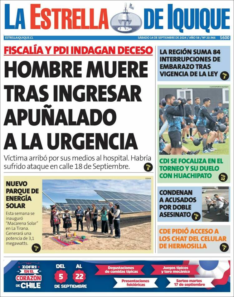 Portada de La Estrella de Iquique (Chile)