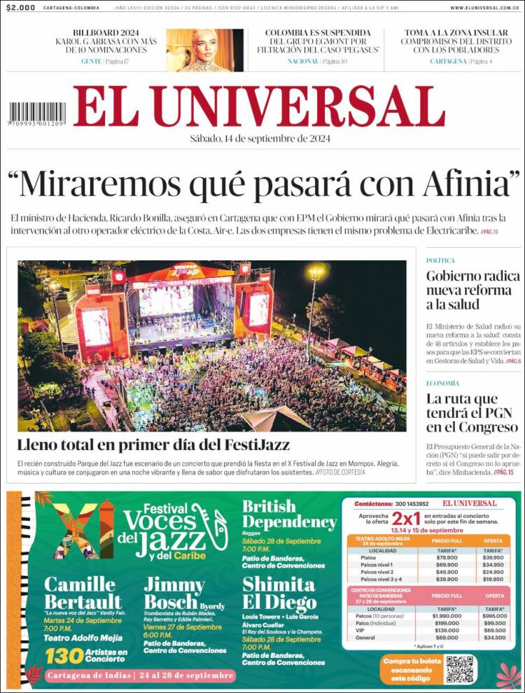 Portada de El Universal (Colombia)