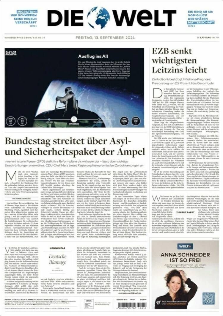 Portada de Die Welt (Alemania)