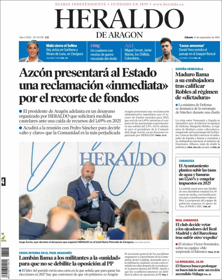 Portada de Heraldo de Aragón (España)