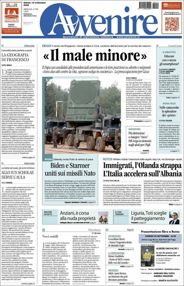 Portada de Avvenire (Italia)