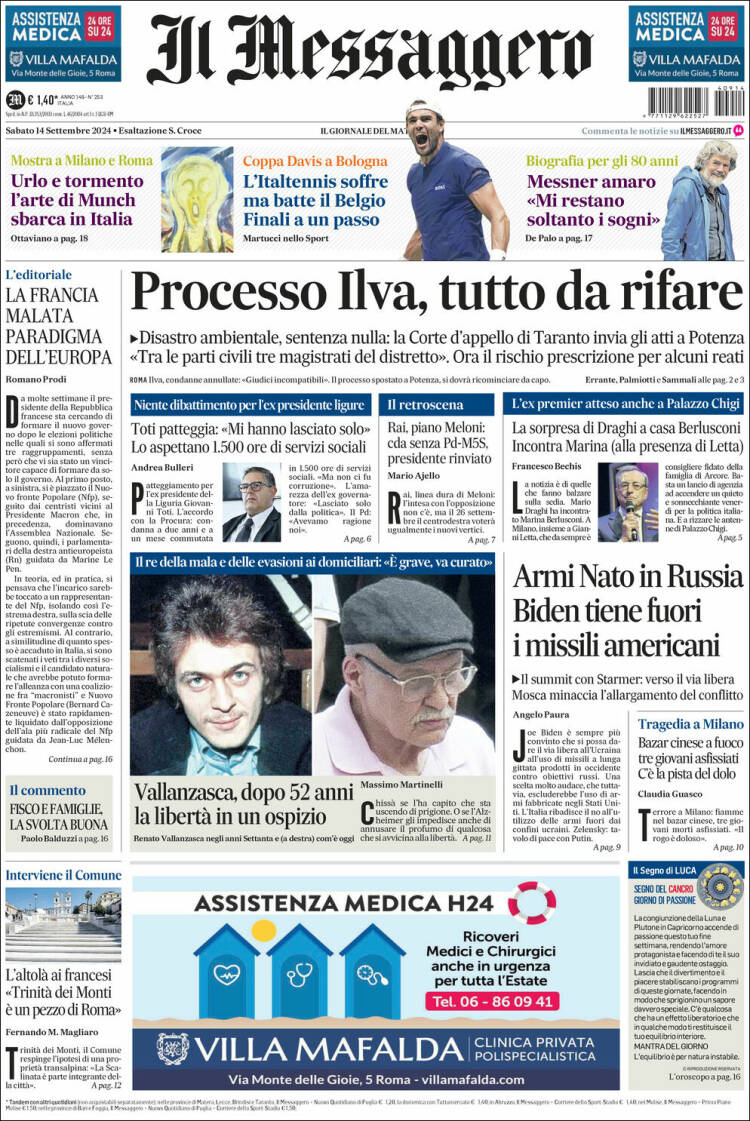 Portada de Il Messaggero (Italia)