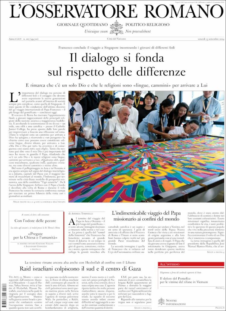 Portada de L'Osservatore Romano (Italia)