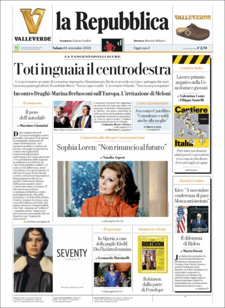 Portada de La Repubblica (Italia)