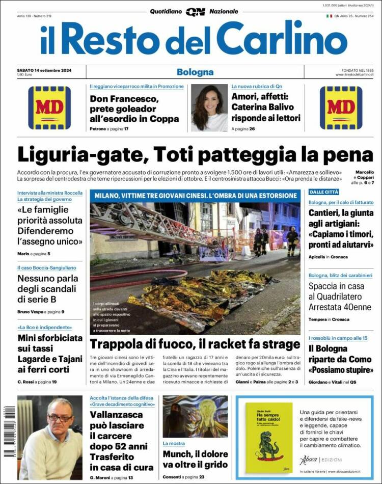 Portada de Il Resto del Carlino (Italia)