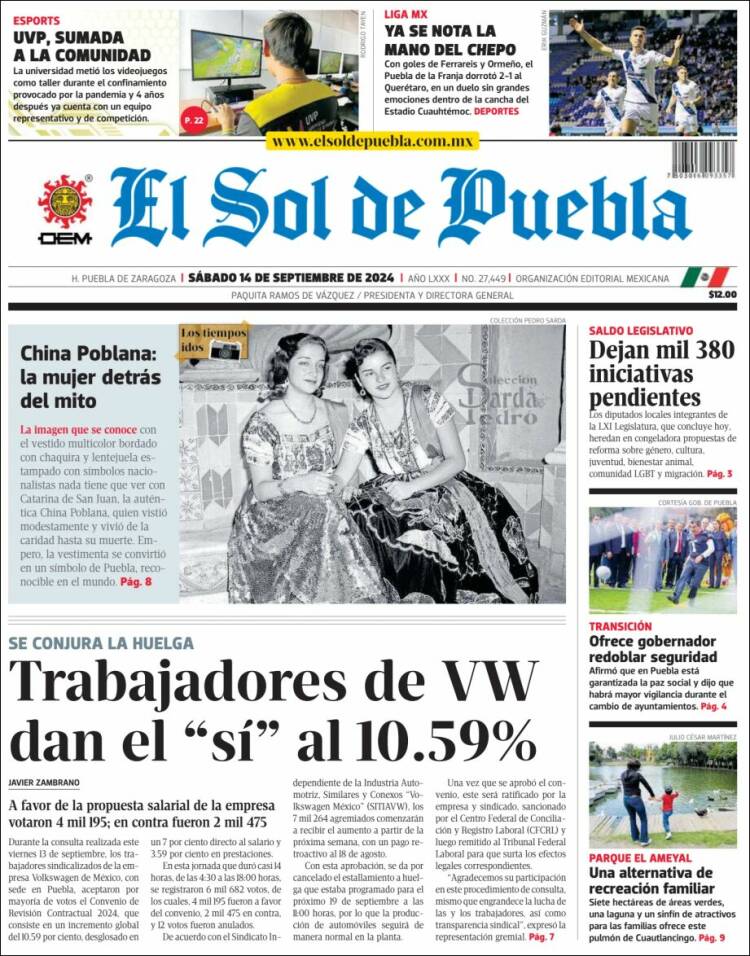 Portada de El Sol de Puebla (M&eacute;xico)