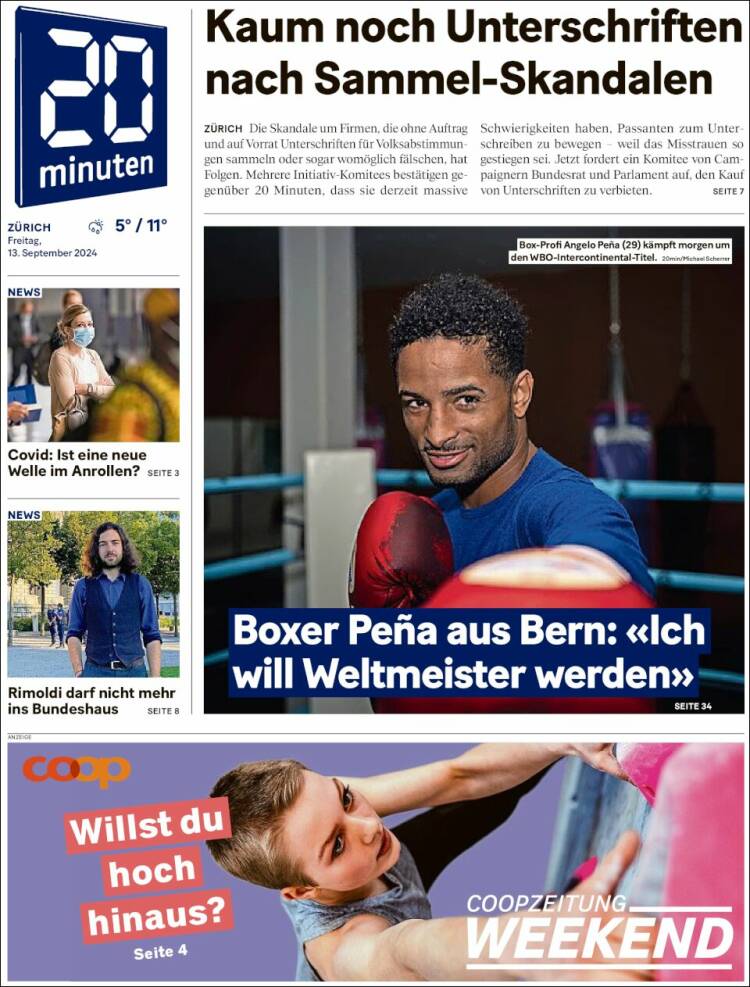 Portada de 20Minuten - Zürich (Suiza)