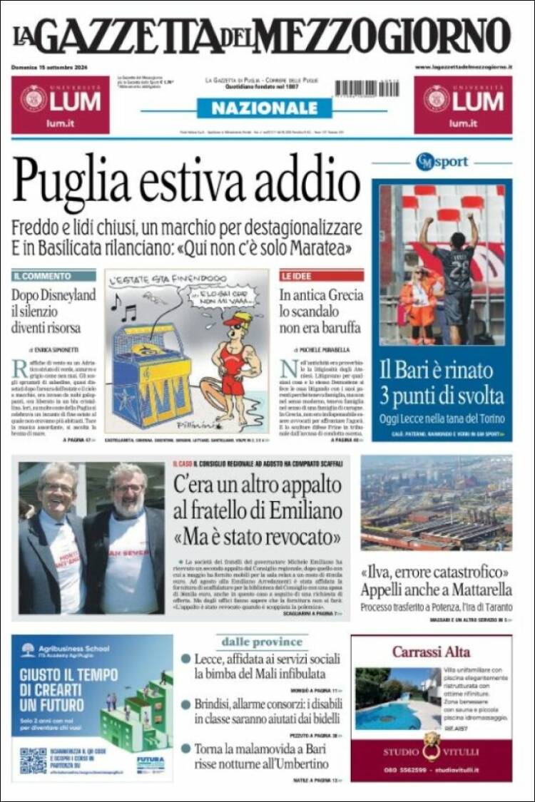 Portada de La Gazzetta del Mezzogiorno (Italia)