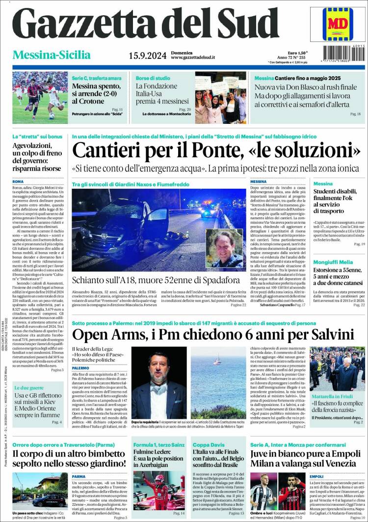 Portada de Gazzetta del Sud (Italia)
