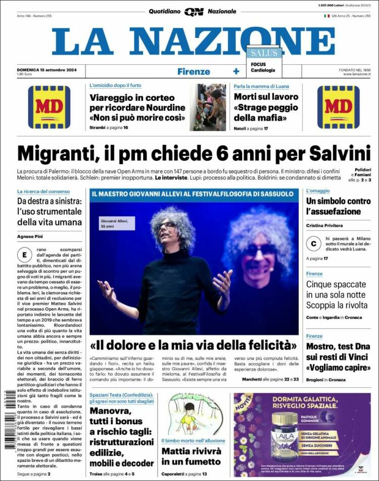 Portada de La Nazione (Italia)