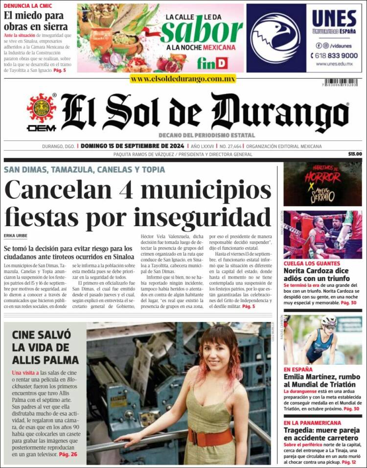 Portada de El Sol de Durango (M&eacute;xico)