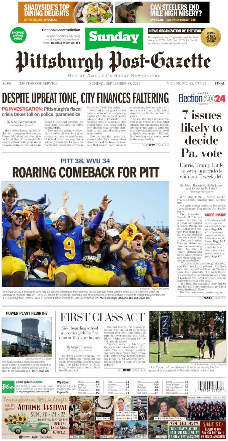 Portada de Pittsburgh Post-Gazette (USA)