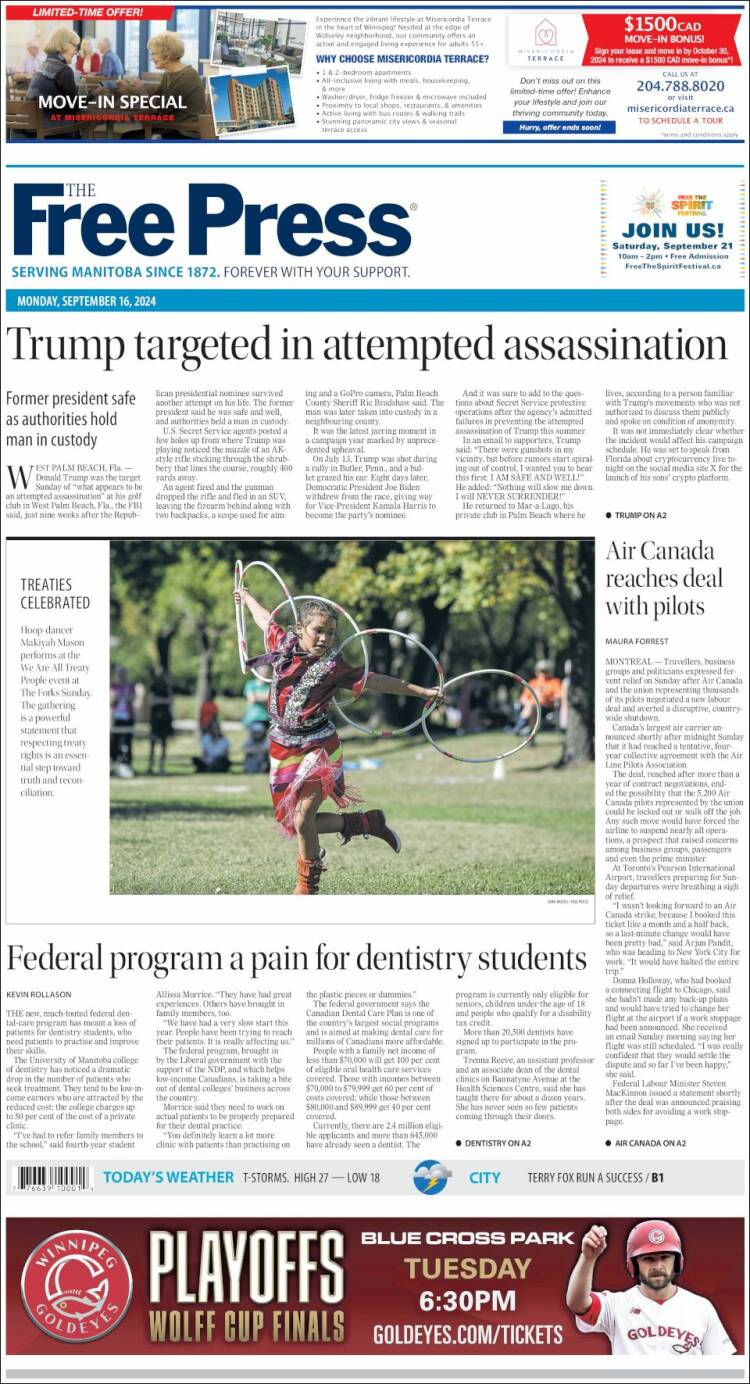 Portada de Winnipeg Free Press (Canadá)