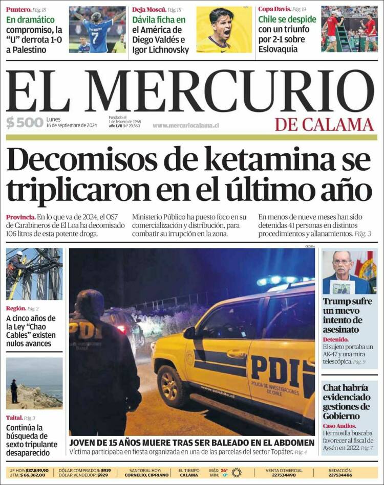 Portada de El Mercurio - Calama (Chile)