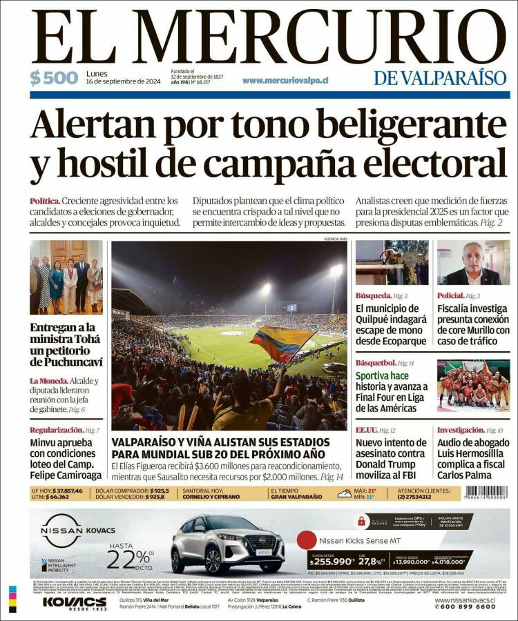 Portada de Mercurio de Valparaiso (Chile)