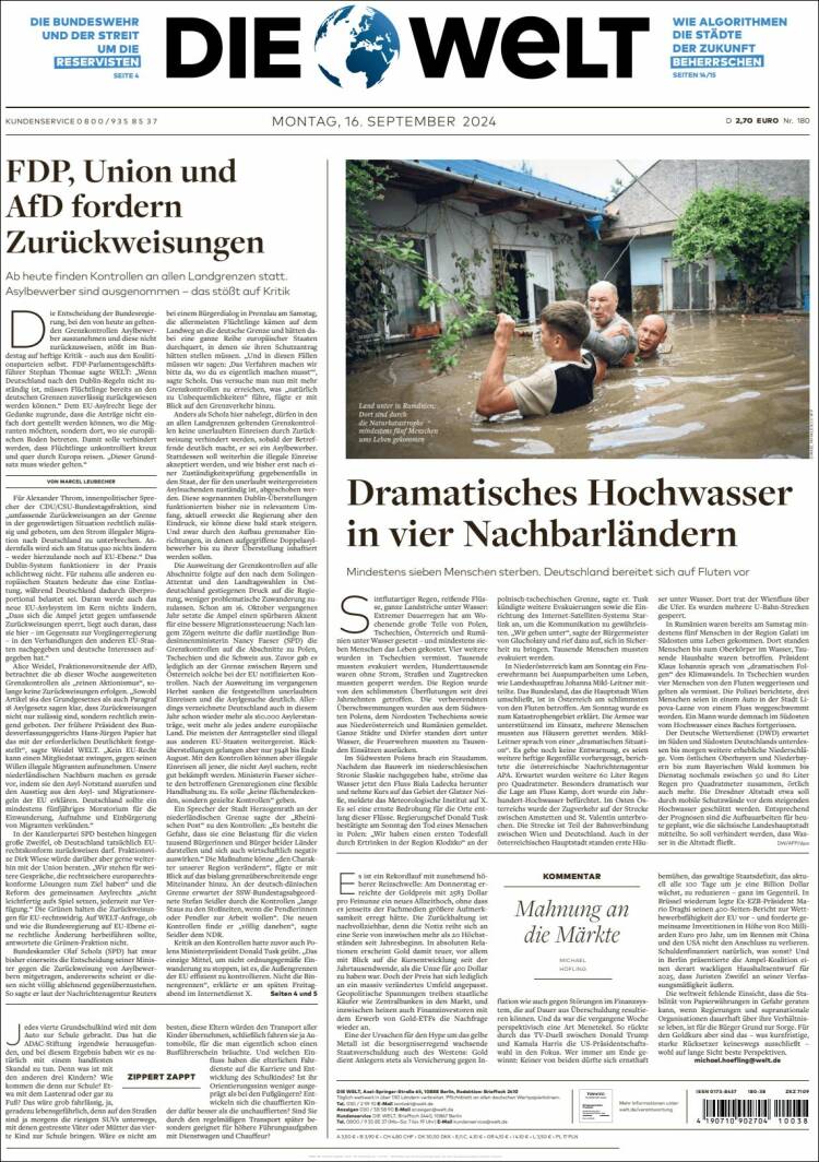 Portada de Die Welt (Alemania)