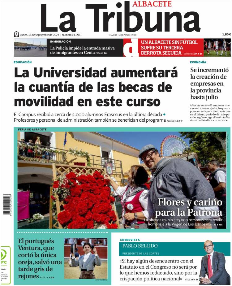 Portada de La Tribuna de Albacete (España)