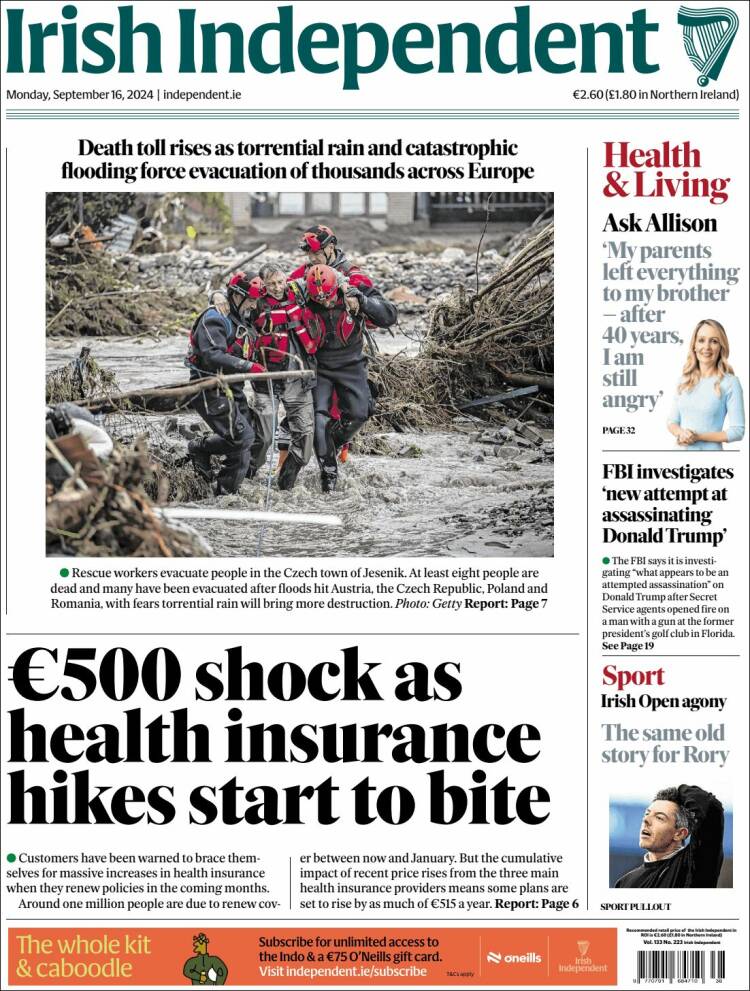 Portada de Irish Independent (Irlanda)
