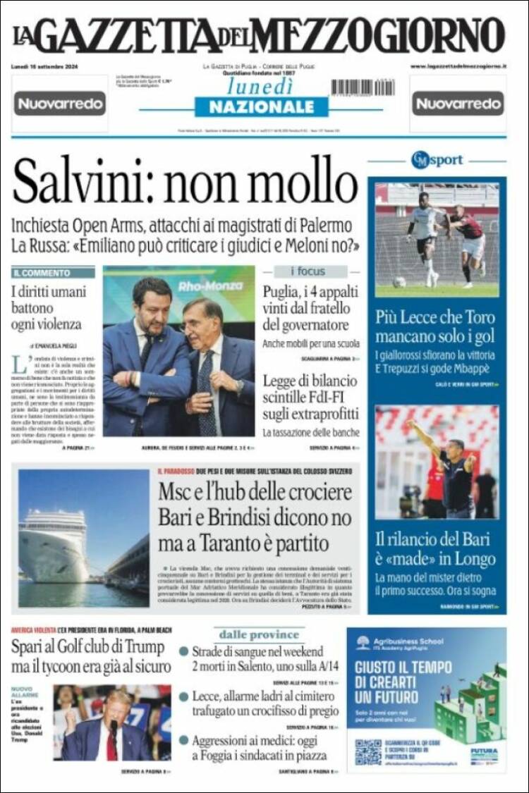 Portada de La Gazzetta del Mezzogiorno (Italia)