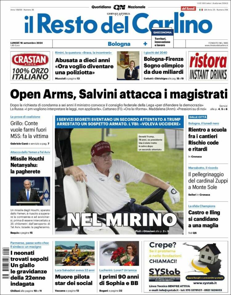 Portada de Il Resto del Carlino (Italia)