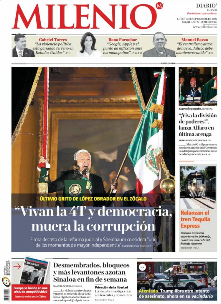 Portada de Milenio - Jalisco (México)