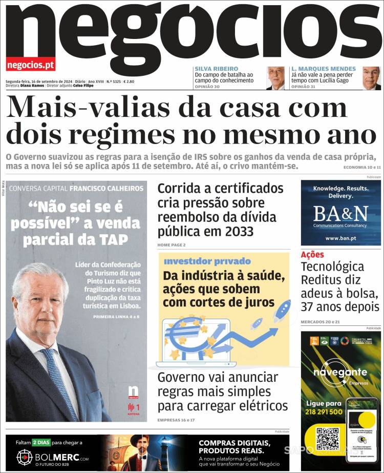 Portada de Jornal de Negócios (Portugal)