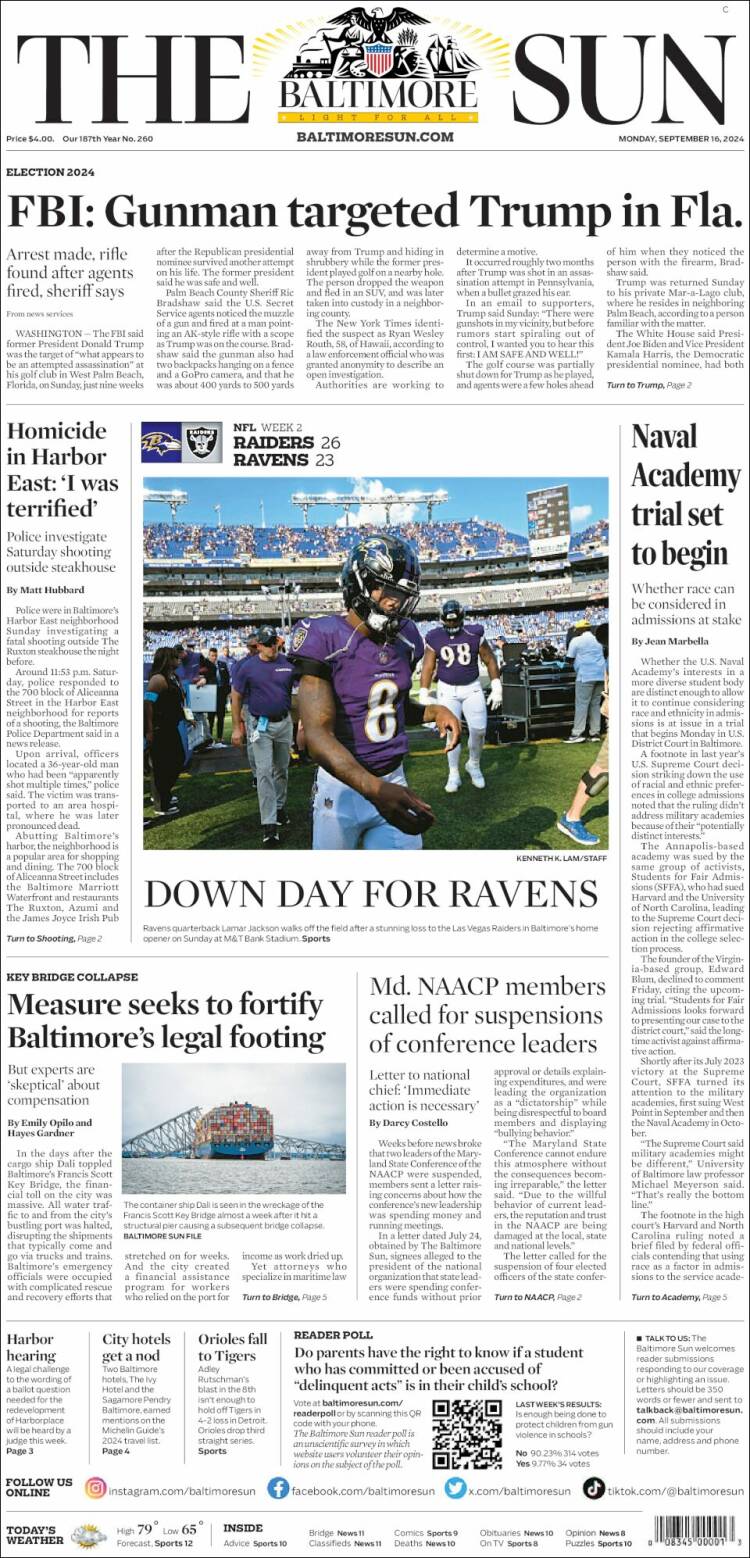 Portada de The Baltimore Sun (USA)